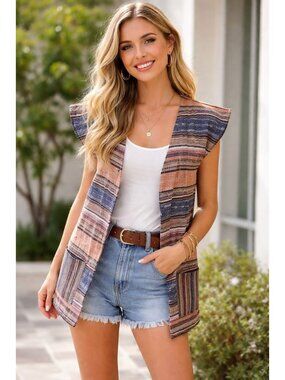 Angie Multi Color Sleeveless Canvas Cardigan Size L Boho Artist Hippie Retro